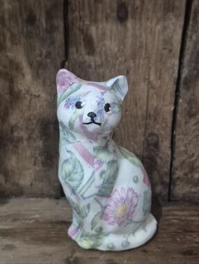 Floral Ceramic Cat Figurine - Pink & Green 5 Inches Tall